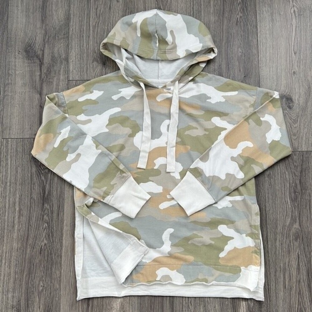 NWOT Aerie Hooded Side Slit Sweater Camo Print Neutral Green Beige Oversized XS